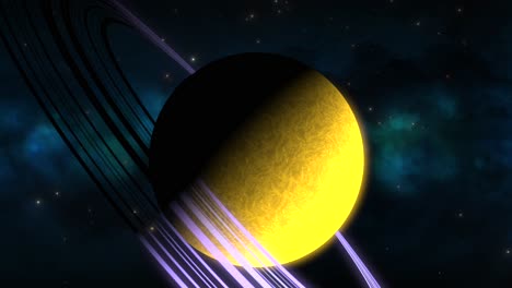 CGI-zoom-in-towards-yellow-sideways-saturn-like-alien-planet-with-purple-rings-in-front-of-blue-green-nebula,-space,-wide-view