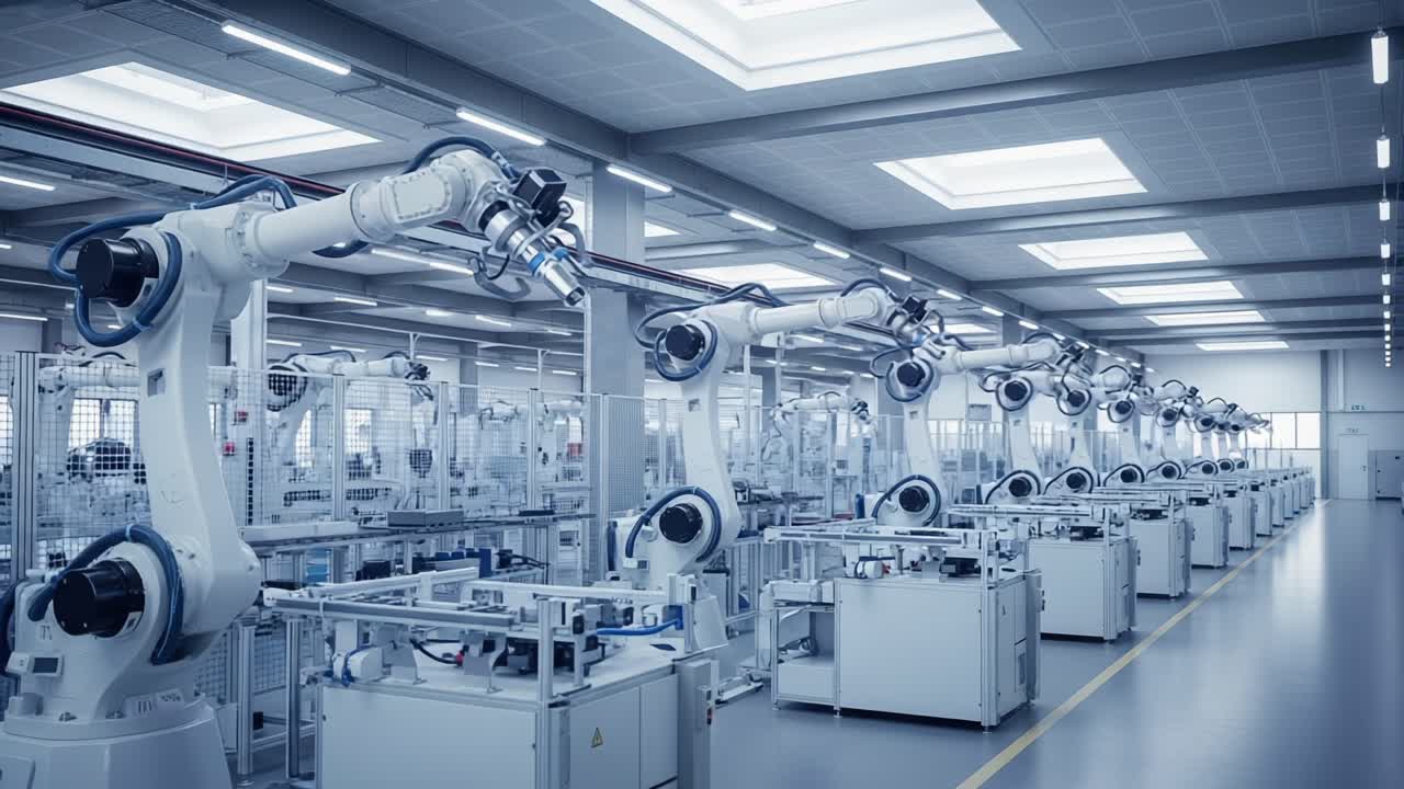 An Advanced Robotic Manufacturing Facility Featuring Automated Machinery and Precision Robotics in a Modern Industrial Environment