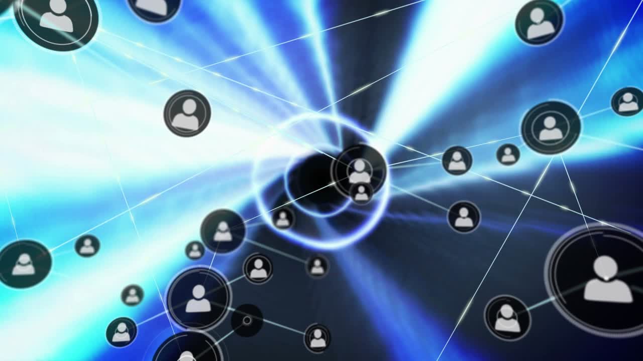 Animation of profile icons connecting dots with neon light beams on digital interface