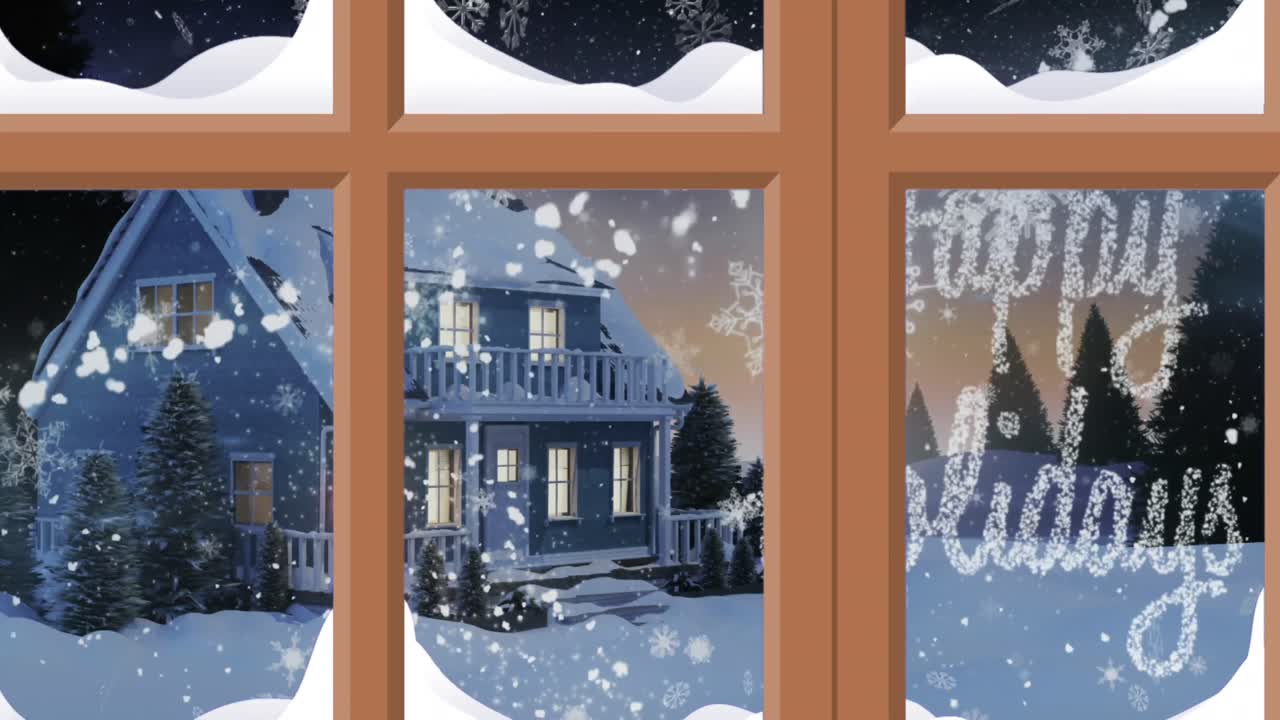 Animation of christmas greetings text, winter scenery and snow falling seen through window