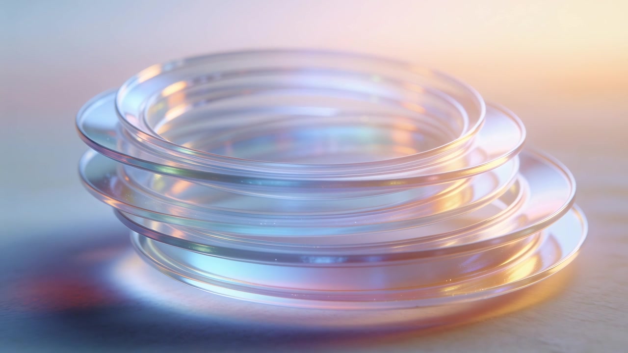 Moving camera causing stacked iridescent discs shifting and aligning on studio table showing rings