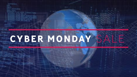 Animación-Del-Texto-De-Venta-Del-Cyber-Monday-Sobre-El-Mundo-Y-Procesamiento-De-Datos