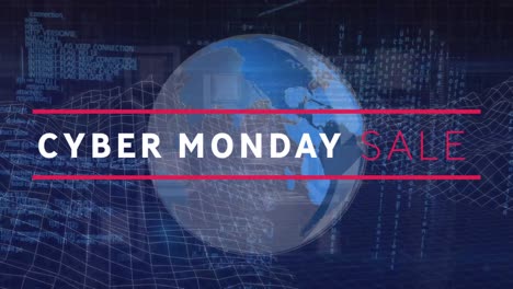 animación de la venta de cyber monday texto sobre el mundo y procesamiento de datos