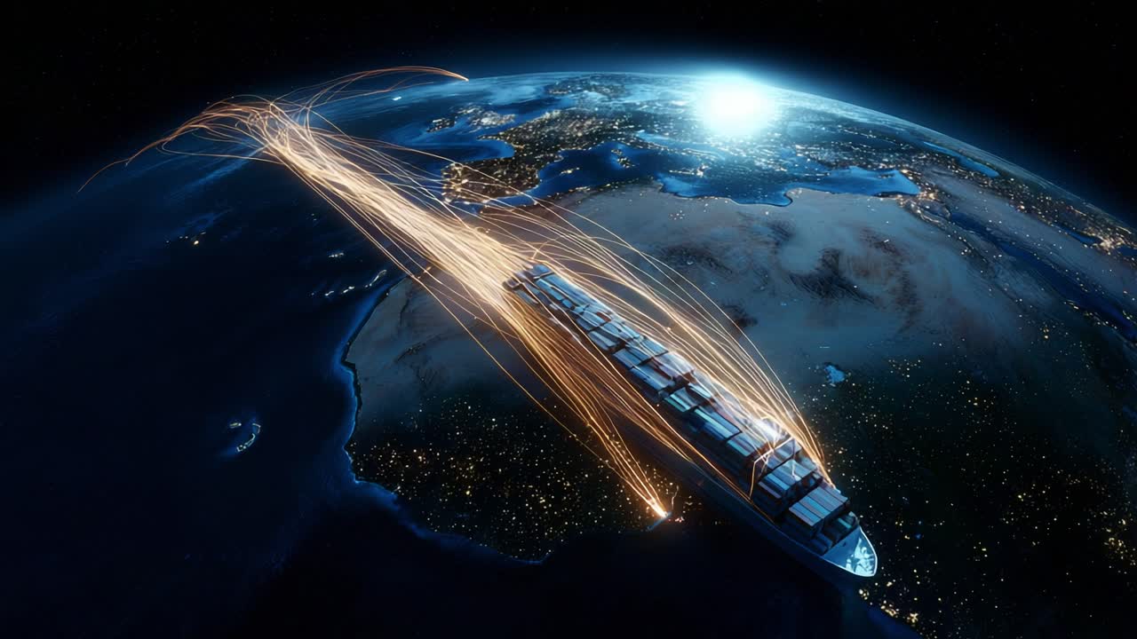 A striking visualization of a cargo ship in motion, navigating the waters of Earth, depicting trade routes illustrated by flowing light trails against a night-time planet