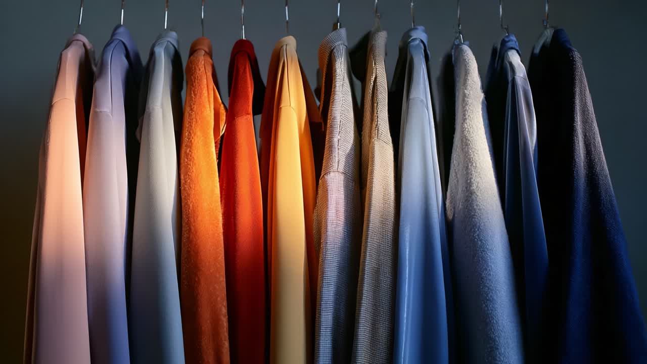 A Dazzling Array of Colorful Garments Hanging Elegantly, Showcasing a Rainbow of Styles, Textures, and Hues Intertwined to Create a Visual Masterpiece in Fashion Display