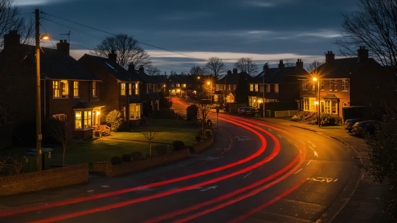 Incantevole bagliore serale: un sereno paesaggio urbano che si trasforma sotto l'incantevole danza delle luci LED e delle auto su una tortuosa strada residenziale.