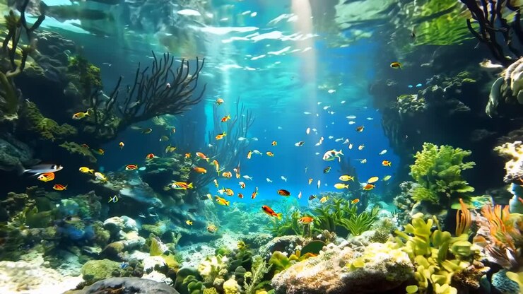 Underwater video scene with vibrant coral reef and colorful fish