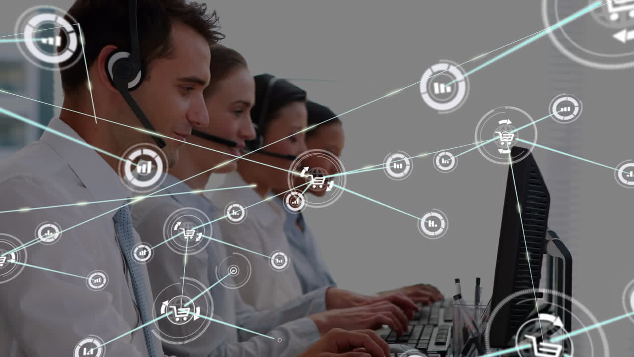 conectores en movimiento y datos digitales sobre personas que trabajan