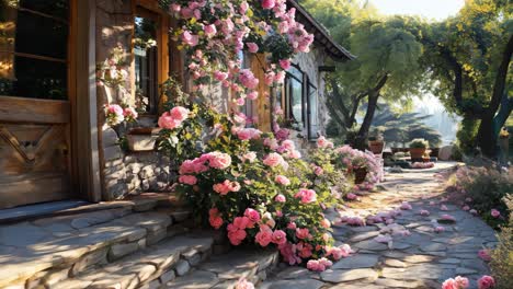charming cottage pathway adorned with blooming roses during daylight