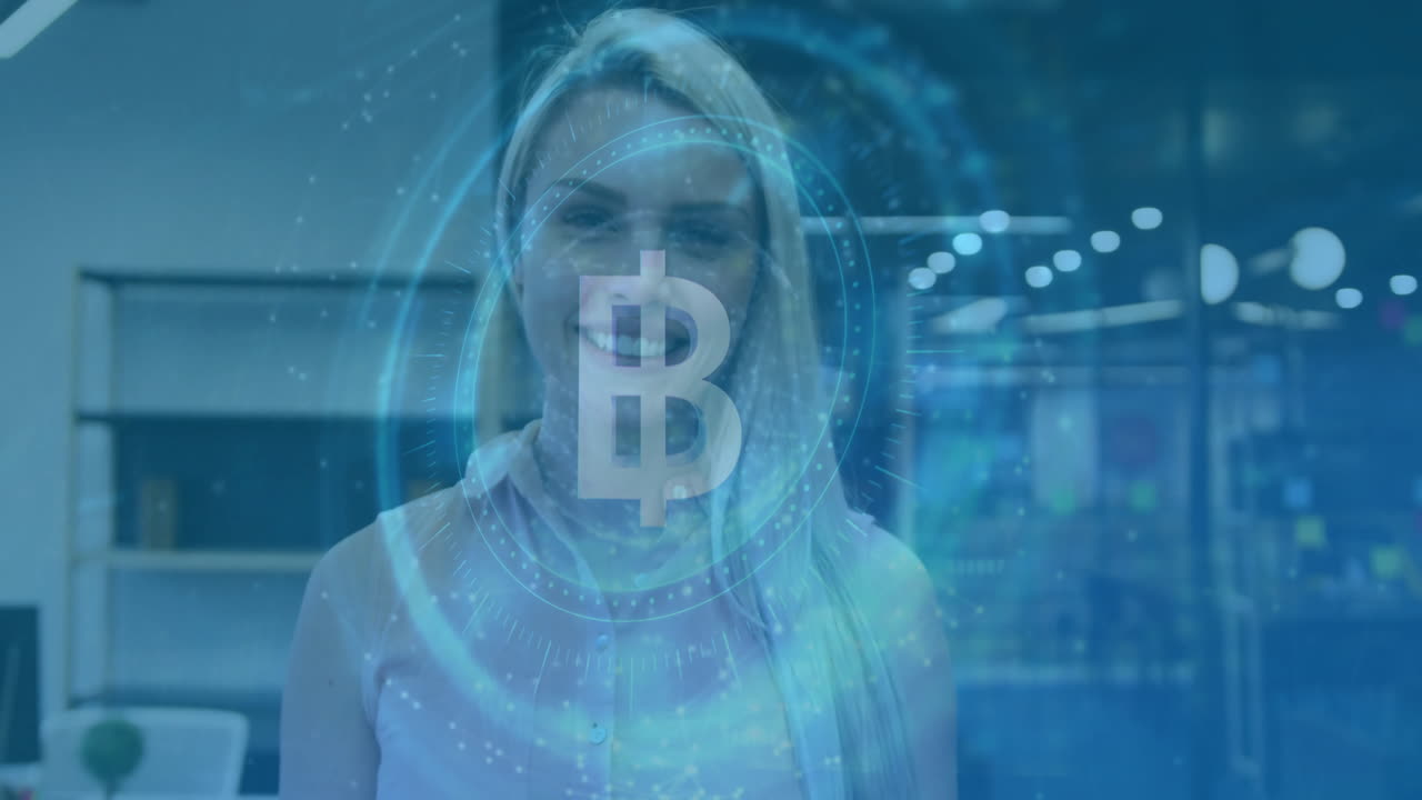 woman smiling in finance office, displaying holographic Bitcoin symbol and chart overlay