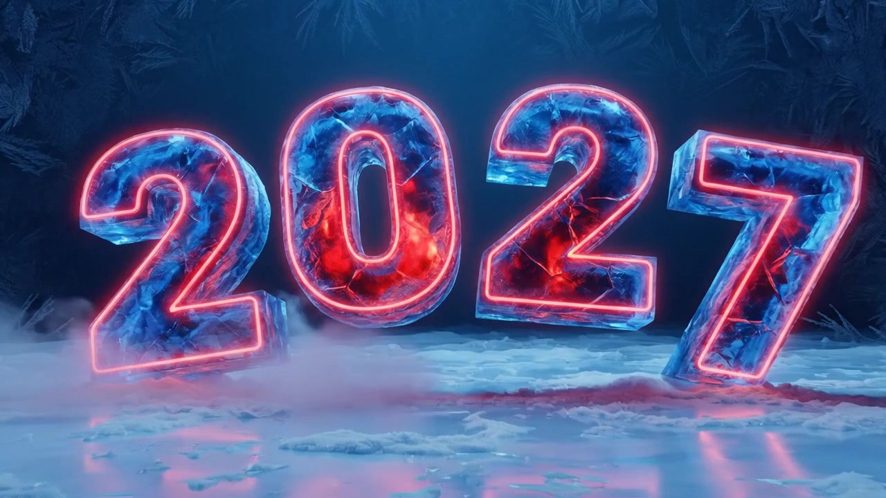Glowing Neon 2027 Numbers Encased in Ice on Snowy Ground