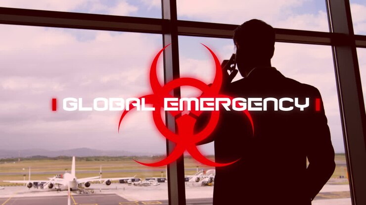 Hazard sign with Global emergency text against man talking on smartphone at airport