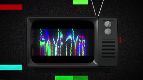 animación de un juego brillante sobre texto sobre una pantalla de televisión retro con rayas de colores en el fondo