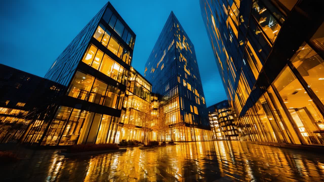 Un Paisaje Urbano Resplandeciente: Reflejo Nocturno de Edificios de Cristal que Muestran Iluminaciones Brillantes y Diseños Arquitectónicos Impresionantes en un Entorno Urbano
