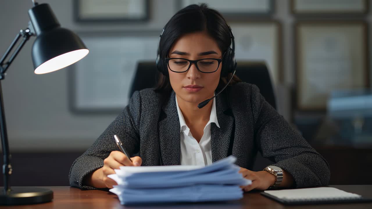 Lámpara de escritorio iluminando documentos, mujer con blazer en un escritorio escribiendo con un bolígrafo para revisar, con auriculares