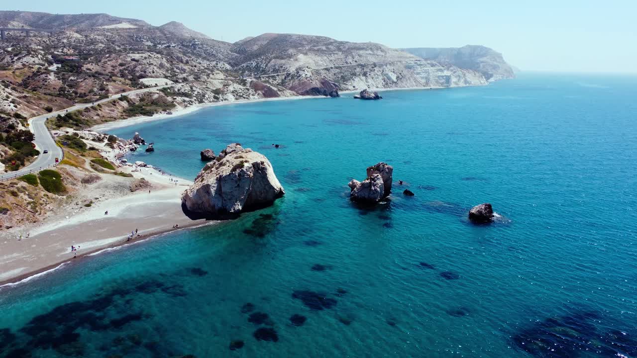 Aerial shot of Petra tou Romiou in Paphos, Cyprus, during daytime