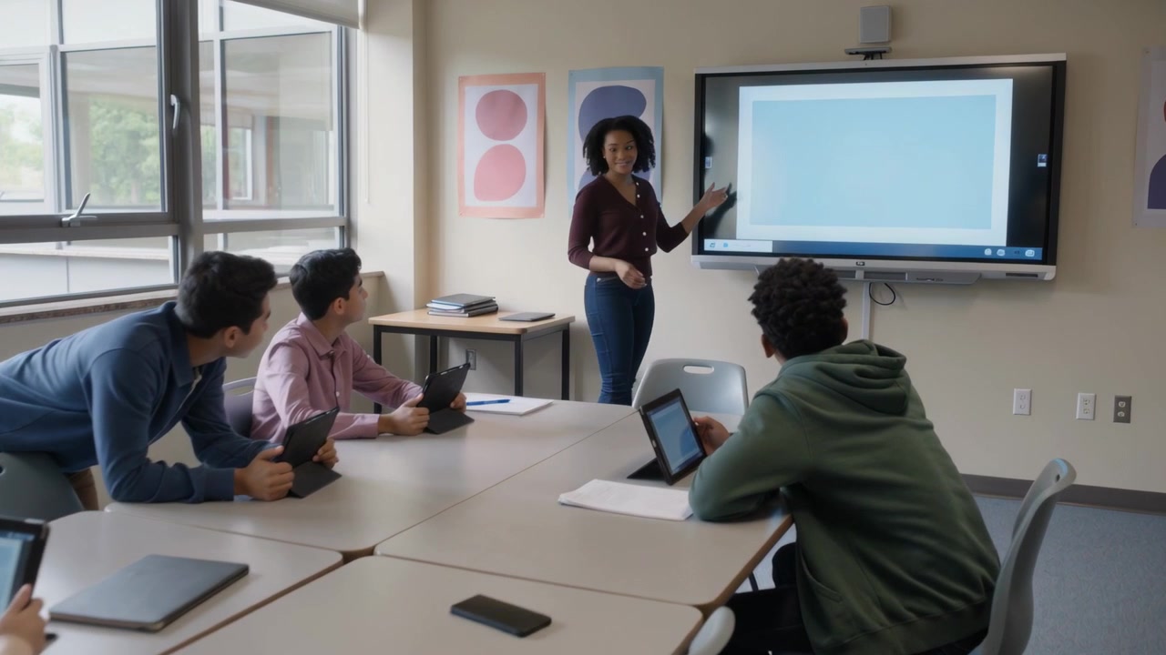 Walking instructor maroon top pointing at screen, leading students with tablets, copy space