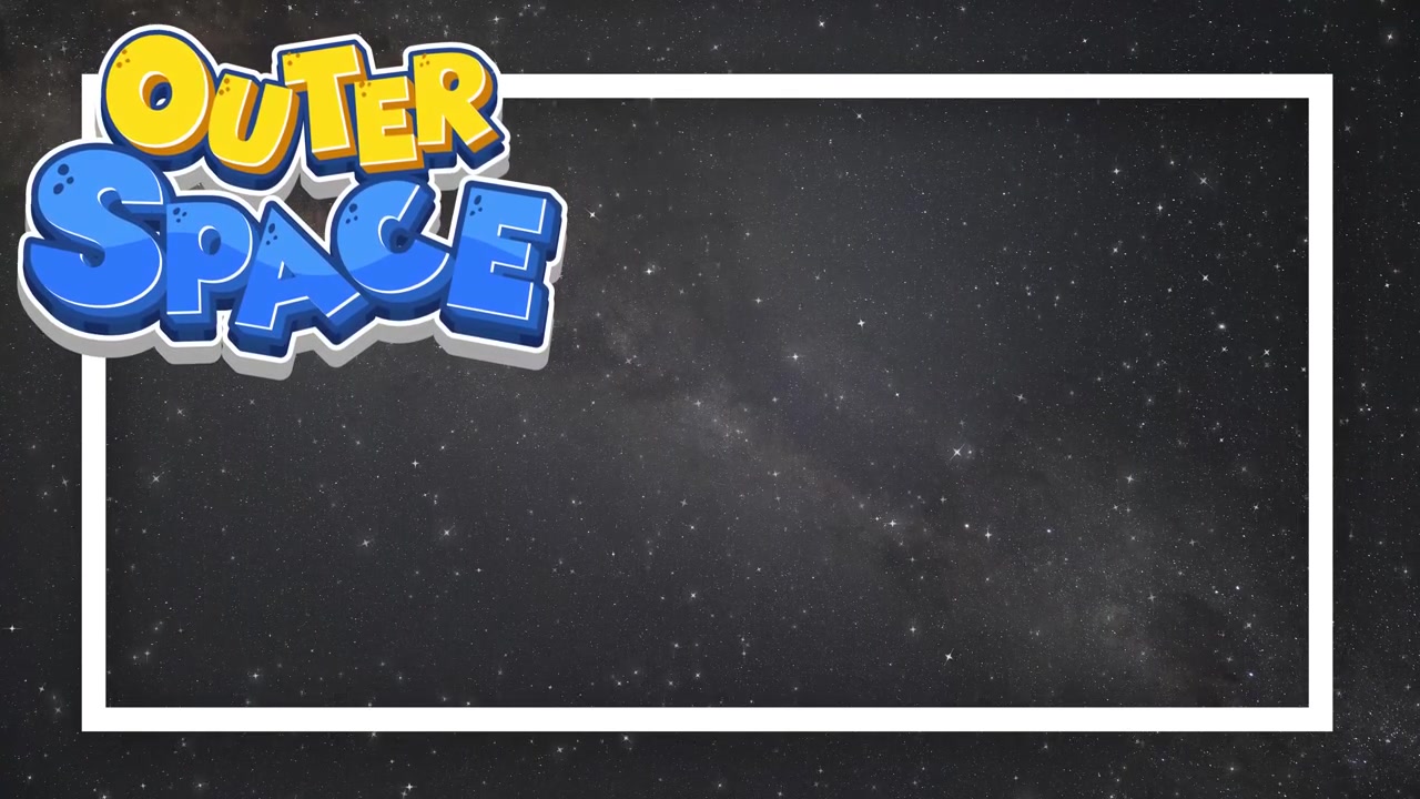 Stelle animate fluttuano dietro un logo a cartone animato e una cornice bianca nello spazio profondo.