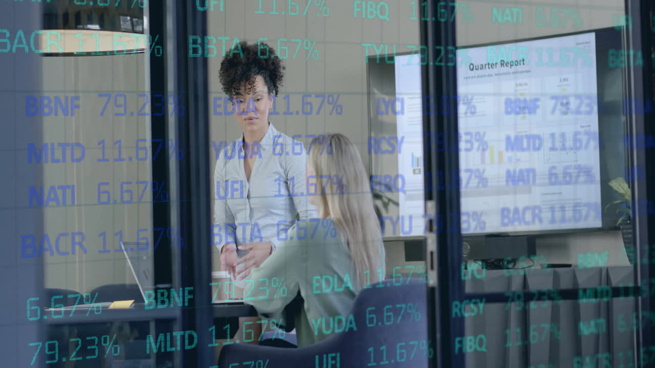 Animation of financial data processing over diverse business people in office