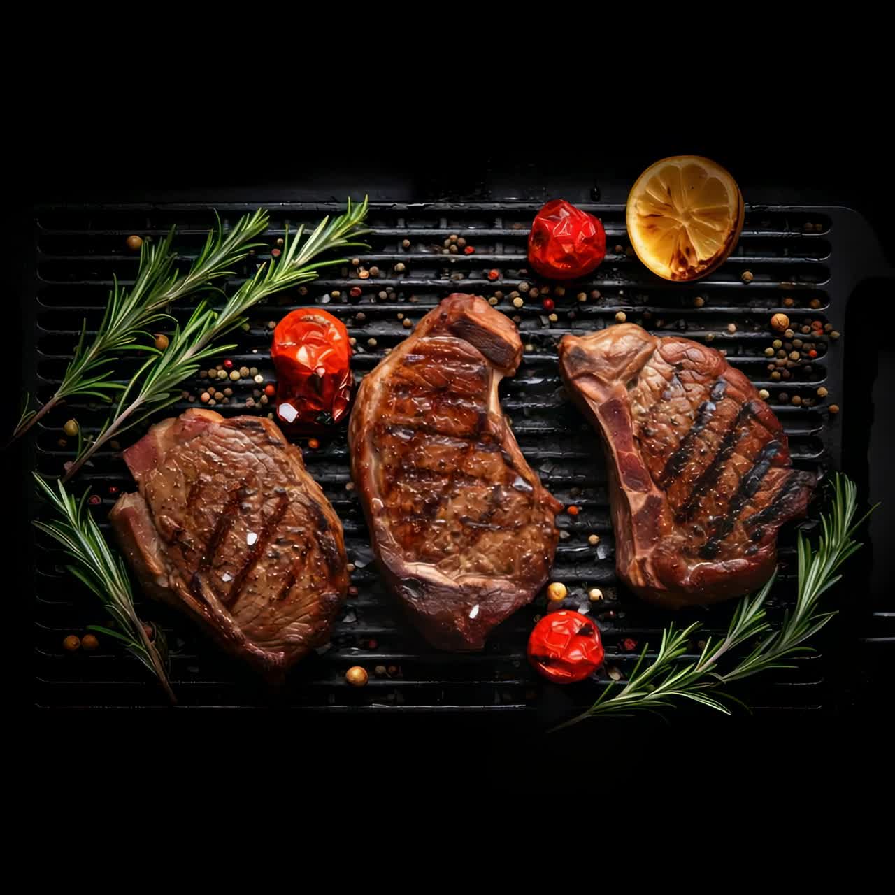 Top-down view of grilled steaks on a dark background, surrounded by herbs and spices