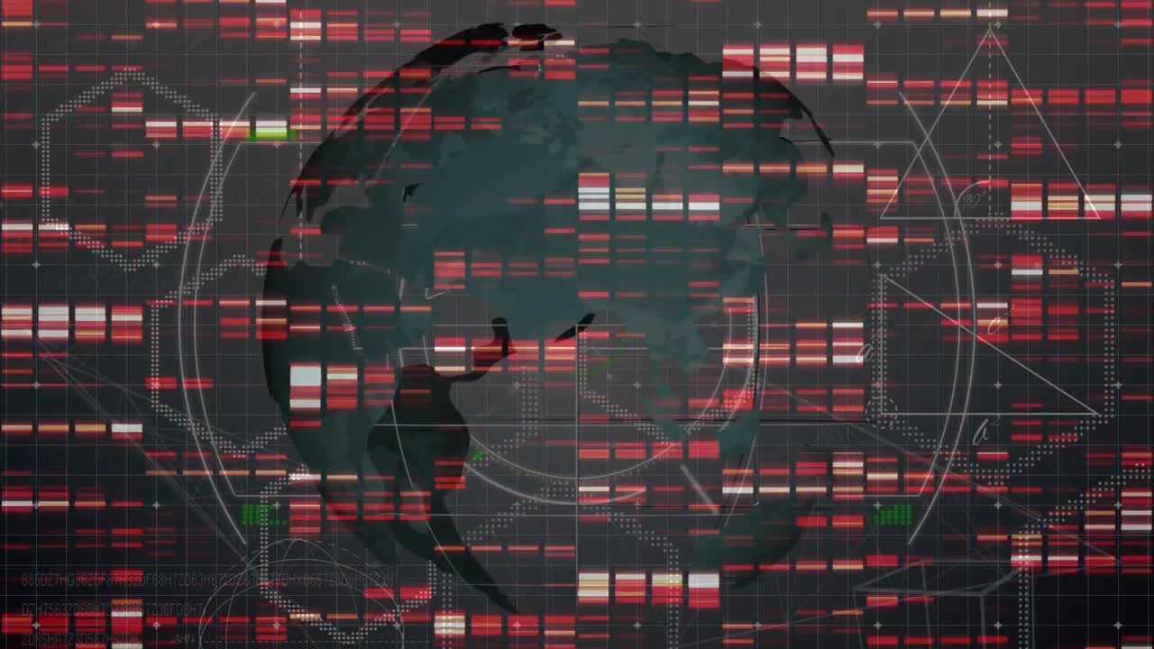 animación de cuadrados de mosaico y escaneo de alcance sobre un globo giratorio contra un fondo gris