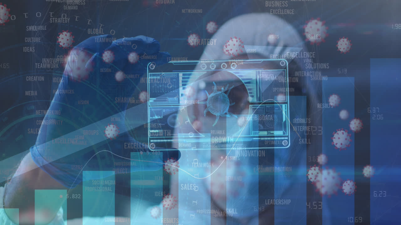 animación de células de covid-19 y datos sobre un médico caucásico en traje de ppe sosteniendo la pantalla