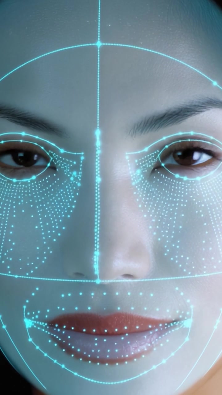 Advanced Facial Recognition Visualization with Detailed Scanning Patterns Highlighting Facial Features and Emotional Expressions in Two Frames