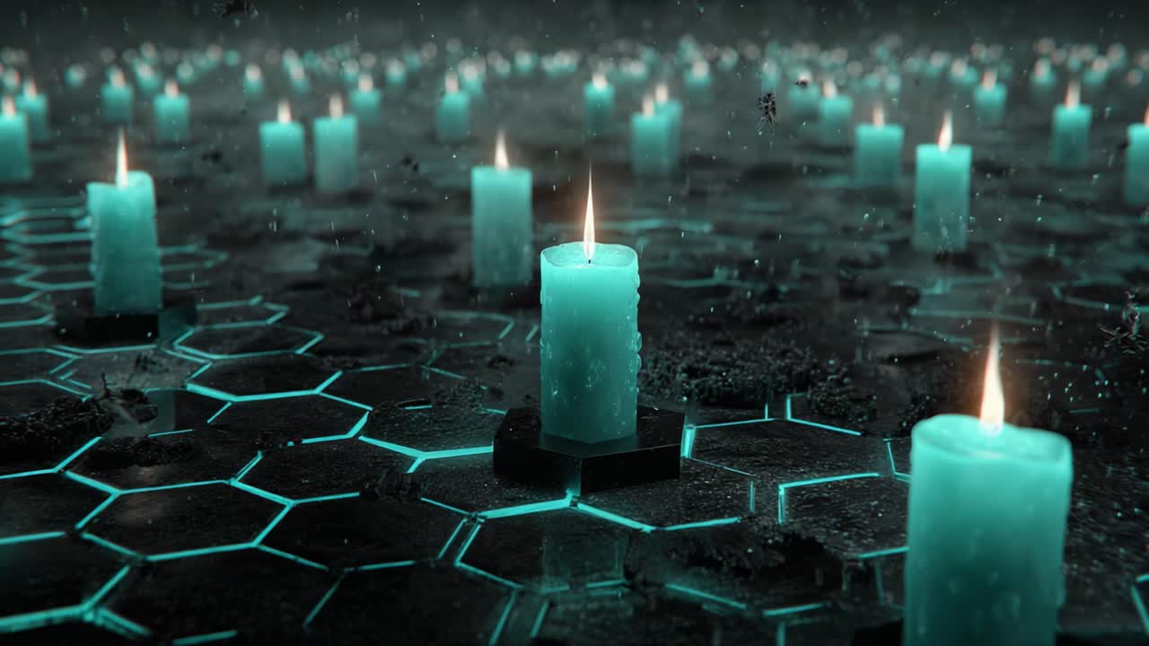 A mesmerizing scene of glowing turquoise candles atop a dark, hexagonal pattern, showcasing tranquility and ambient light in a surreal environment