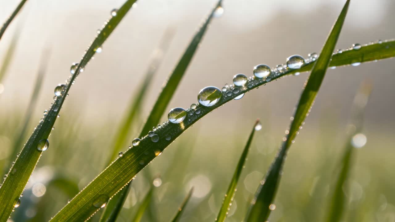 Cámara cambiando el enfoque, una hoja de hierba curvada con gotas de rocío revela destellos brillantes al amanecer, con bokeh.