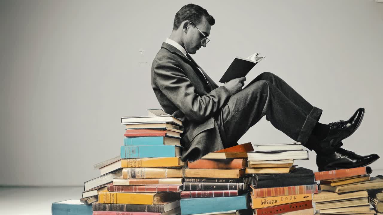 Vintage-style collage of a man in a suit reading atop a stack of books