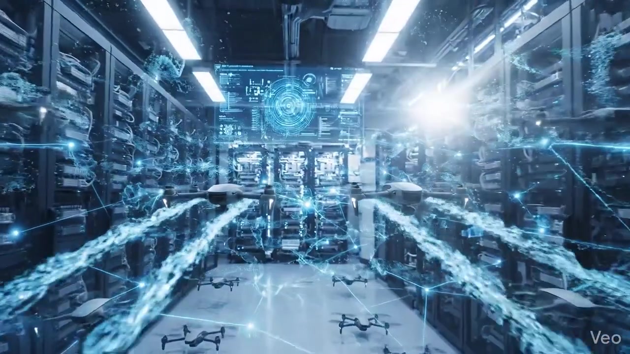 Drones Transferring Data in a Futuristic Server Room with Holographic Display