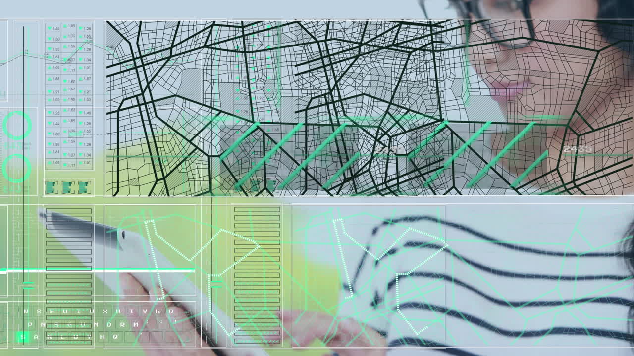 태블릿을 사용하는 여성에 대한 데이터 처리 애니메이션