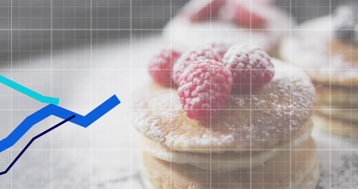 Zucchero a velo che cade, linee iniziali che scivolano su una griglia e si innalzano con i pancake a indicare crescita.