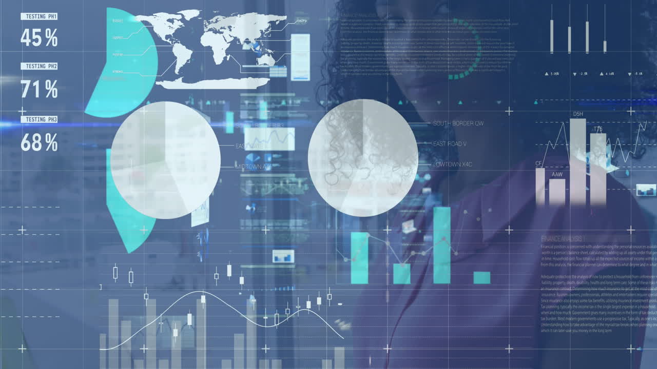 animación de datos financieros y gráficos sobre feliz mujer de negocios afroamericana en la oficina