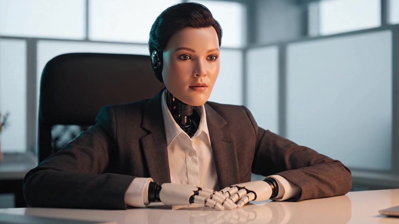 En humanoid robot i en professionell kostym sitter vid ett skrivbord och visar upp avancerad robotik och AI, vilket skildrar en intelligent närvaro i en modern kontorsmiljö