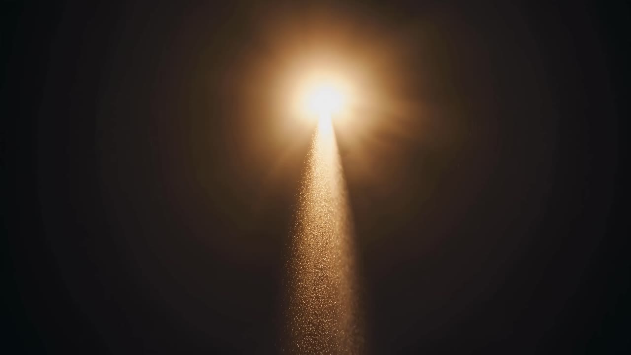 Una drammatica angolazione della camera verso l'alto cattura un riflettore che squarcia l'oscurità, creando un effetto cinematografico