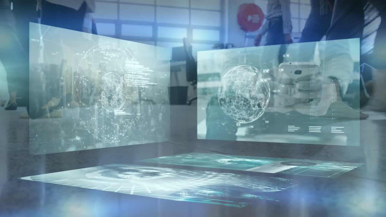 걸어다니는 사업가들 위에서 금융 데이터 처리의 애니메이션