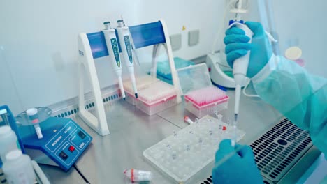 laboratory assistant working with vials. female worker in protective gloves filling test tube with liquid in the research laboratory.