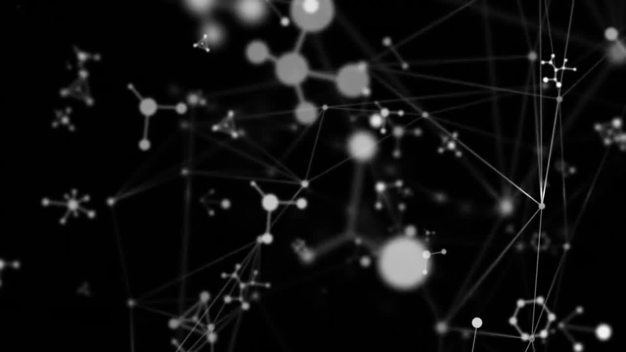 animación de moléculas y red de conexiones sobre fondo negro