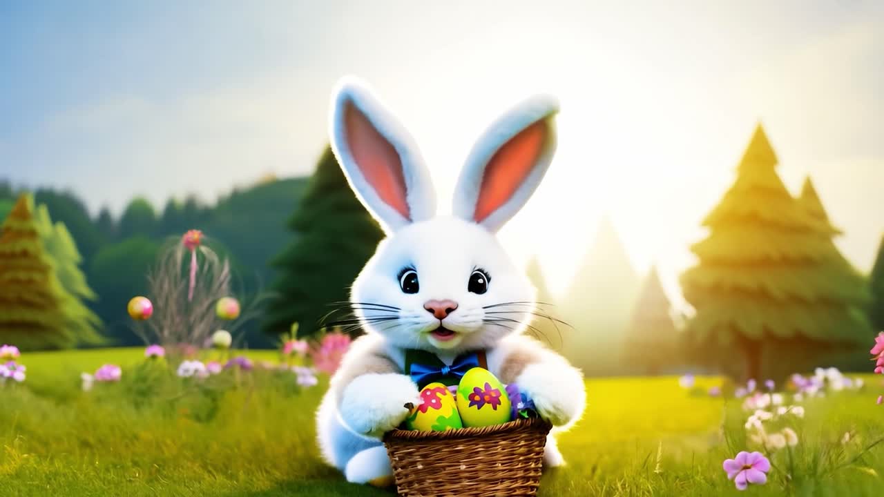 Cute cartoon rabbit wearing a bow tie holds a basket filled with colorful easter eggs, celebrating the joyful holiday spirit