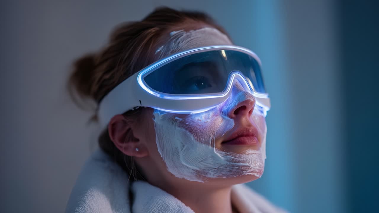 Relaxing Beauty Treatment Featuring LED Face Mask and Revitalizing Facial Cream, Aimed at Rejuvenating Skin and Enhancing Natural Glow While Ensuring Maximum Comfort and Aesthetic Appeal for Users