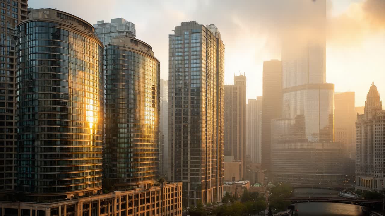 Luz dourada refletindo em arranha-céus modernos: uma vitrine cativante da arquitetura urbana em uma cidade vibrante ao amanhecer com fachadas de vidro cintilantes