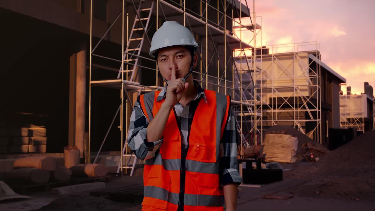 Construction Worker Signaling Silence at Building Site During Sunset