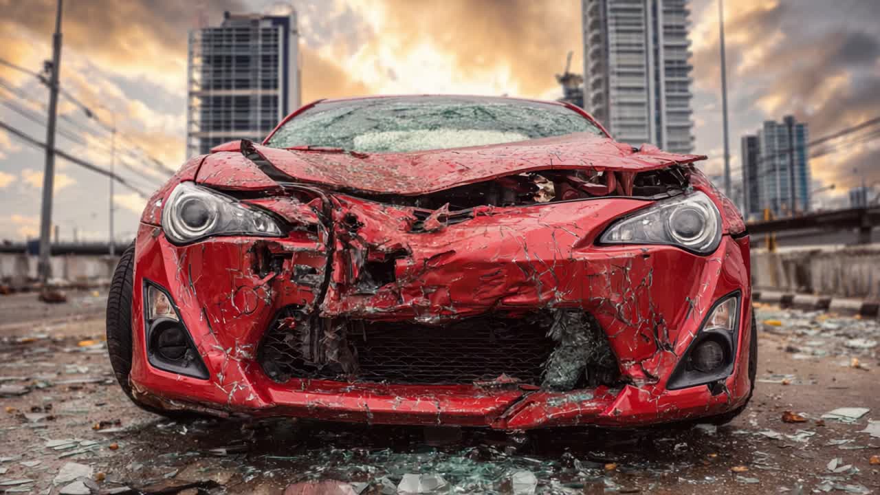 A Distressed Red Sports Car Showcasing Severe Damage Surrounded by Urban Ruins and a Dramatic Sky at Dusk