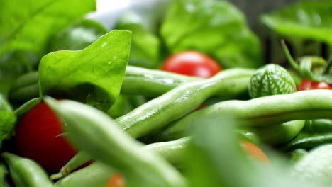 Foco-Superficial-Sano-Verde-Fresco-Hoja-De-Espinaca-Cucamelon-Tomate-Cherry-Ensaladera-Closeup