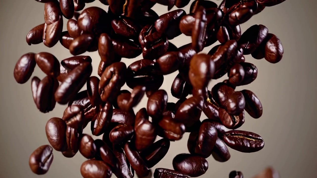Fagioli di caffè arrostiti che cadono al rallentatore
