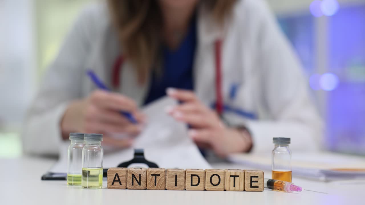 Parola "Antidoto" con professionista medico che lavora sullo sfondo