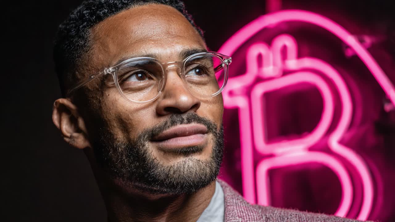 Un uomo sicuro di sé con gli occhiali guarda pensieroso di lato mentre un vivace simbolo al neon rosa illumina lo sfondo, creando un'atmosfera coinvolgente e moderna