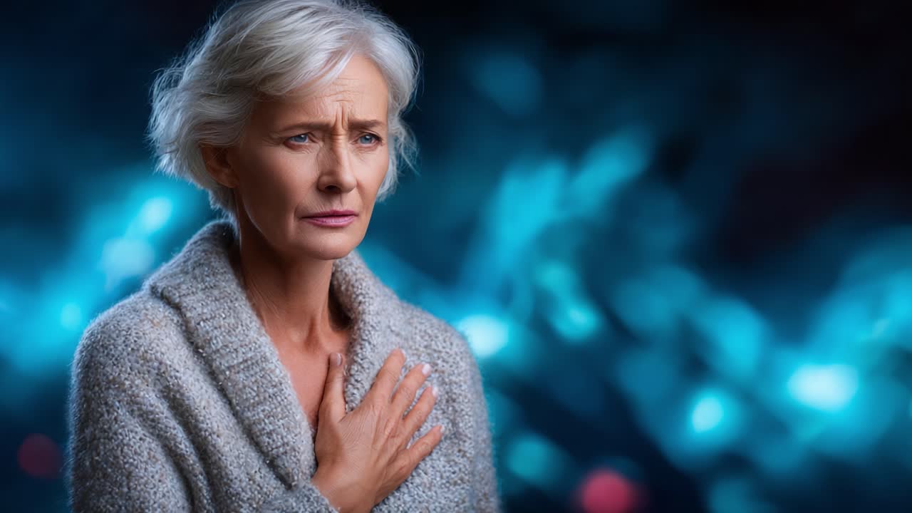 Una donna riflessiva con i capelli grigi e un comodo maglione si staglia su uno sfondo etereo blu, trasmettendo emozioni di premura e introspezione