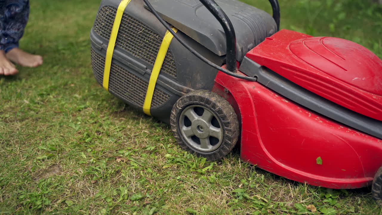 Cutting grass by lawn-mower. Woman works in the backyard with trimmer equipment in summer. Process of mowing green grass.